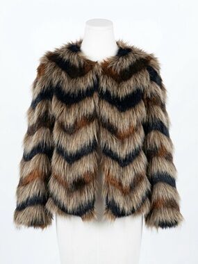 Vintage Revue Chevron Faux Fur Tiered Shaggy Coat Jacket XS Brown Mob Wife